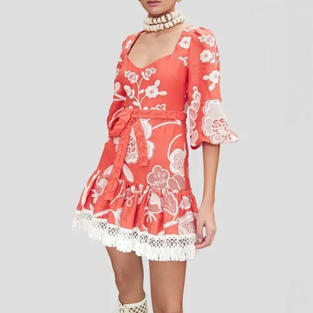 Alexis Claribel Coral Floral Embroidered Linen Mini Dress Size M